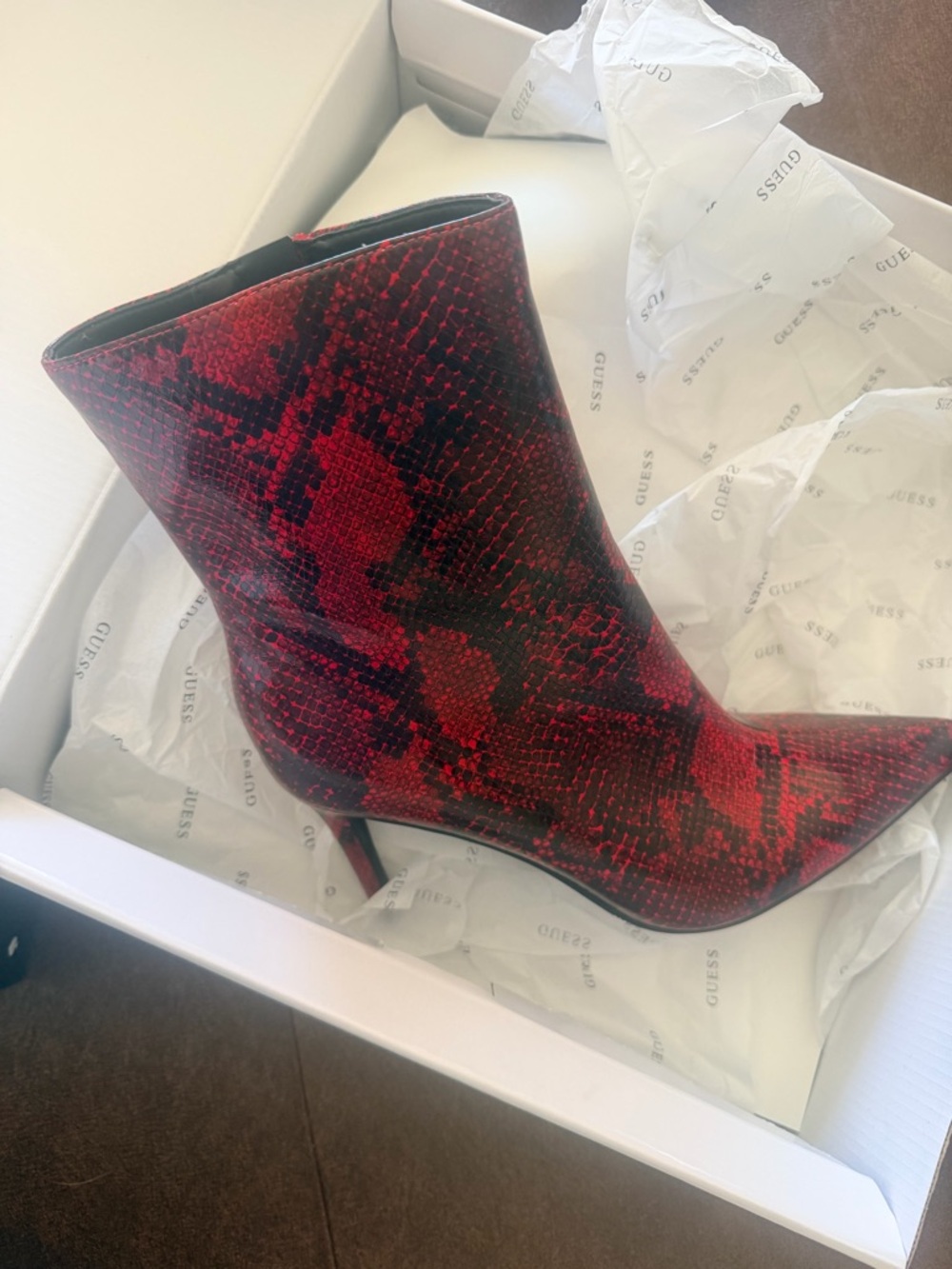 Guess Red and Black Snake-Print Pointed Toe Ankle Bootie
